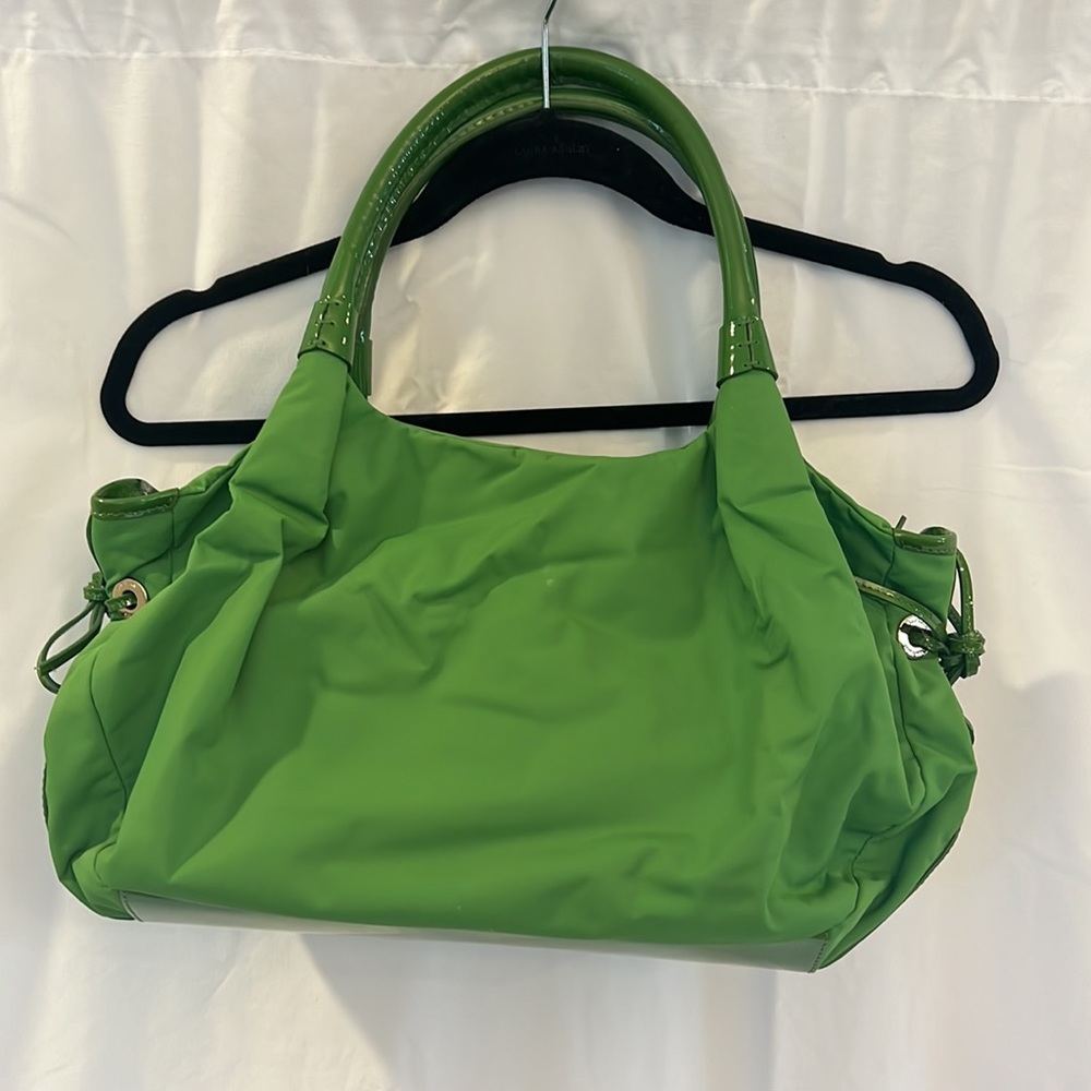 Vintage Kate Spade Stevie Green Nylon and Patent Leather Satchel Handbag - Picture 3 of 16